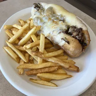 Philly Cheese Steak with fries. Large serving.