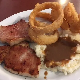 pork chop platter, sub onion rings for fries