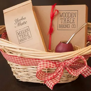 Gift baskets with yerba maté tea, alfajores, maté gourd and a bombilla.  Available on our website: woodentablebaking.com