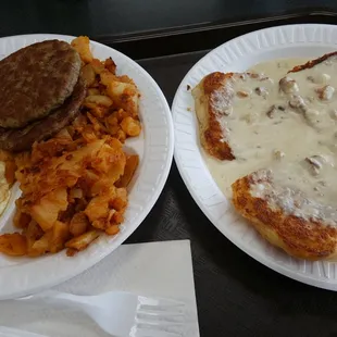 "Biscuits" and gravy, eggs, potatoes