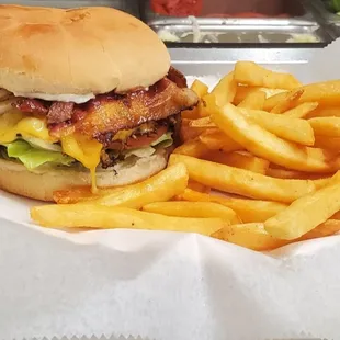 BACON CHEESE BURGER AND FRENCH FRIED