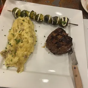 Filet, Brussels and garlic mashed potatoes