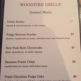 Dessert menu