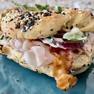 Turkey Club on everything bagel