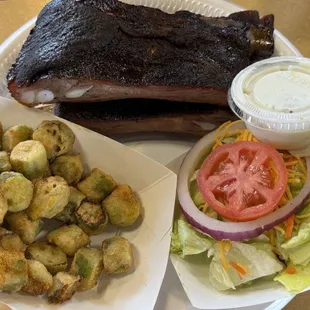 Ribs, fried okra and a side salad