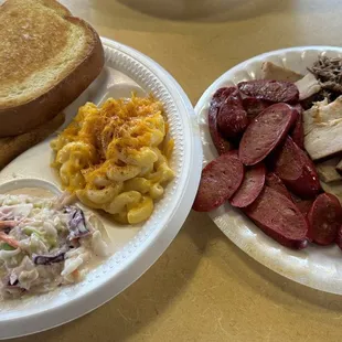 3-meat platter ($15.99) w/ hot link, turkey breast &amp; chopped brisket. Sides of creamy slaw, mac-n-cheese, and Texas toast.