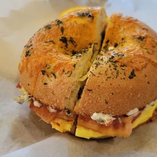 Bacon Egg &amp; Cheese on Cheddar Parsley bagel