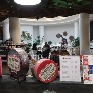 a variety of cheeses on display