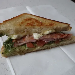 A nice grilled cheese with ham sandwich.