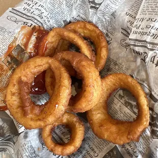 My onion rings...cute papers in the baskets look like newspaper!
