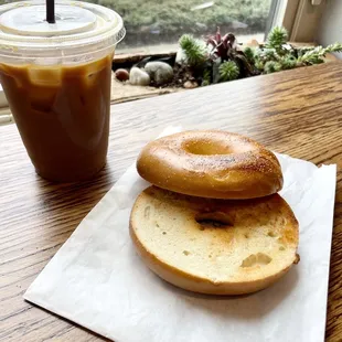 Cold brew with oat milk and vanilla, plain bagel