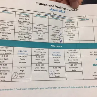 Month schedule for classes.