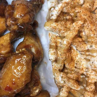 8pc sweet chili wings served with ranch fries and a drink.