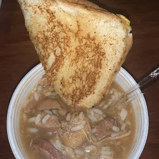 Our famous gumbo with a grilled cheese!