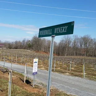 Winter all the vines are asleep. Street  sign for GPS.
