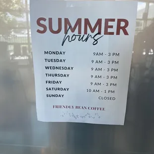 Friendly bean summer hours