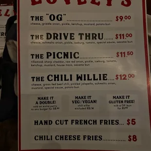 Lovely&apos;s burger menu
