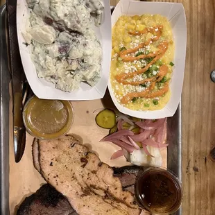 2 meat platter: smoked Turkey and brisket. Cream corn. And potato salad.