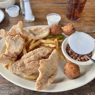 5 piece fried catfish plate. Fries, hushpuppies, pinto beans