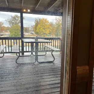 a picnic table and benches