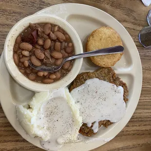 Chicken fried steak taters and beans