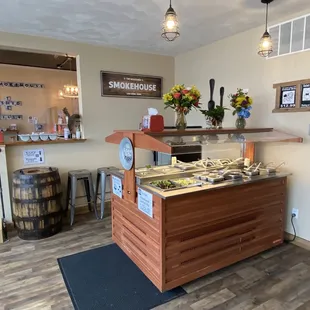 a wooden counter with a buffet