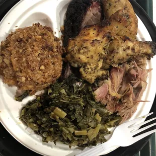 3 Meat Sampler, collards, sweet potato casserole