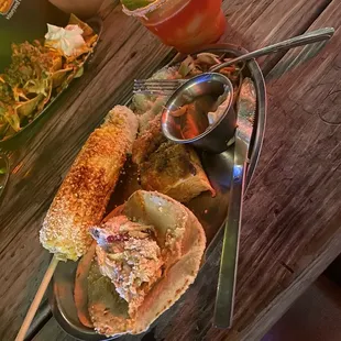 Bulgogi salmon tacos and Mexican corn