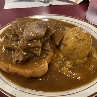 Open Faced Brisket with mashed potatoes and gravy