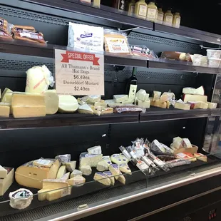 a display of cheeses