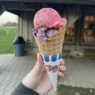 a hand holding a cone of ice cream