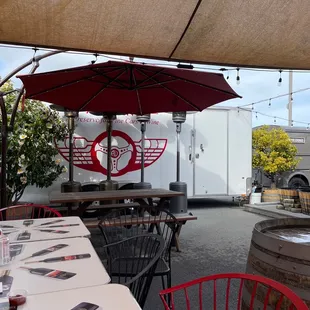 outdoor dining area with tables and umbrellas
