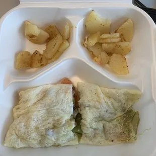 Veggie egg white omelette and a spoonful of potatoes that's their helping smh