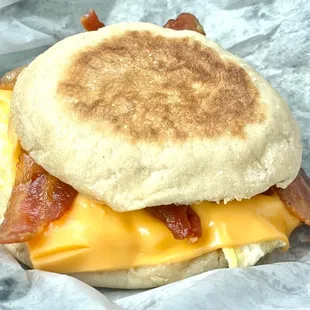 Bacon, egg, & cheese on an English muffin.