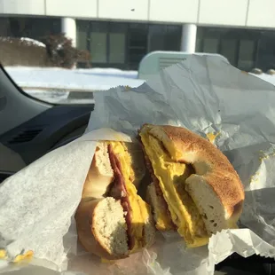 Plain bagel with egg, cheese and turkey bacon