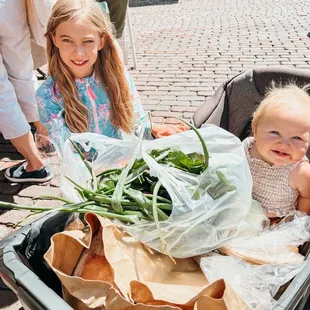 Two of my girls with a wagon full of groceries.