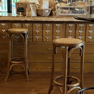 Library card catalog counters. Love!