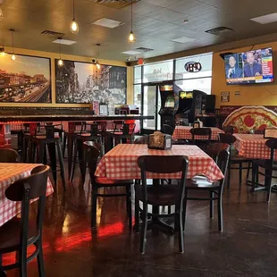Tables and booths.