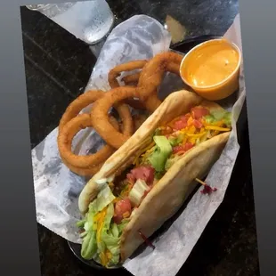 Food!! Grilled Chicken Pita w/ onion rings!!!