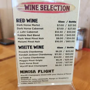 Wine selection, mimosa flights!