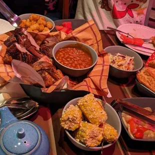 The spread. Corn, bbq, biscuits, and salad
