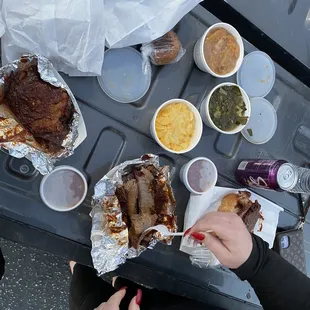 Bbq Sliced Beef Sandwich Macaroni and Cheese Greens and Corn Bread Peach Cobbler