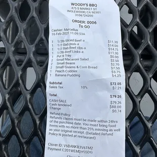 Receipt of food orderd