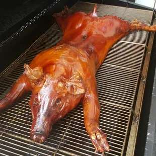 a pig roasting on a grill