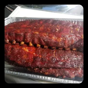 a close up of a rack of ribs