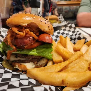 Behemoth burger with steak fries.