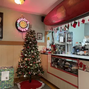 a christmas tree in the kitchen