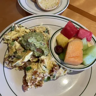 Country scramble with fruit and an English muffin