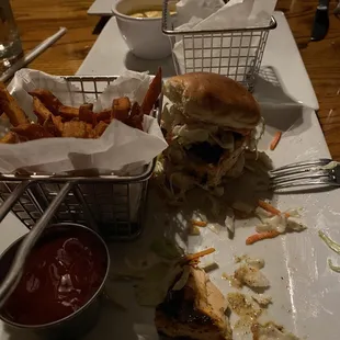 Salmon slammers, sweet potato fries