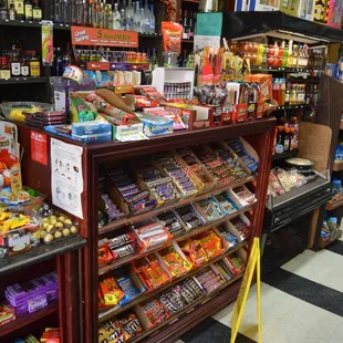 shelves of liquor and snacks